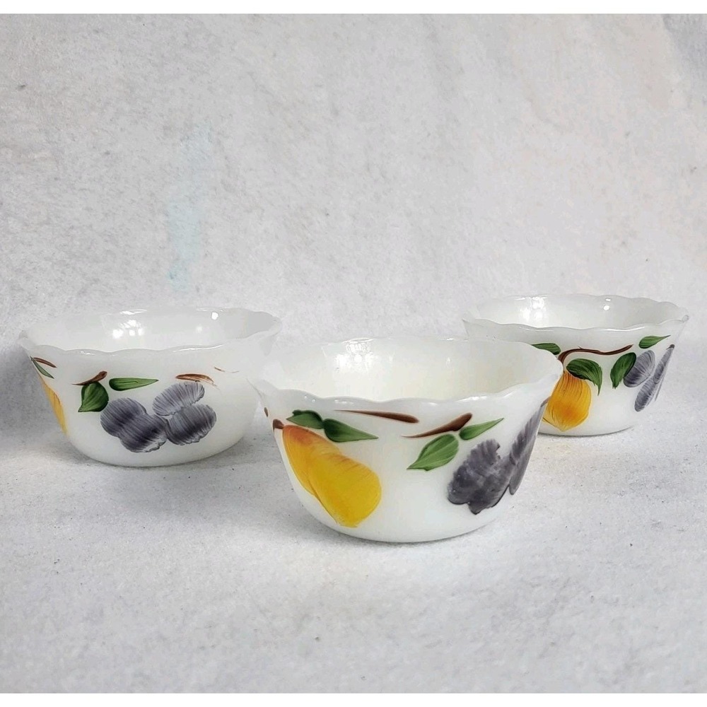 Vintage Fire King Set Of 3 Hand Painted Custard Gay Fad Fruit Cups